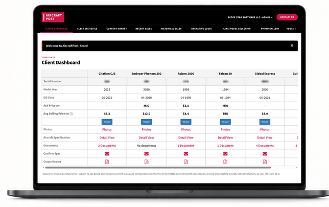 AircraftPost Client Dashboard shown on a laptop — aircraft comparisons